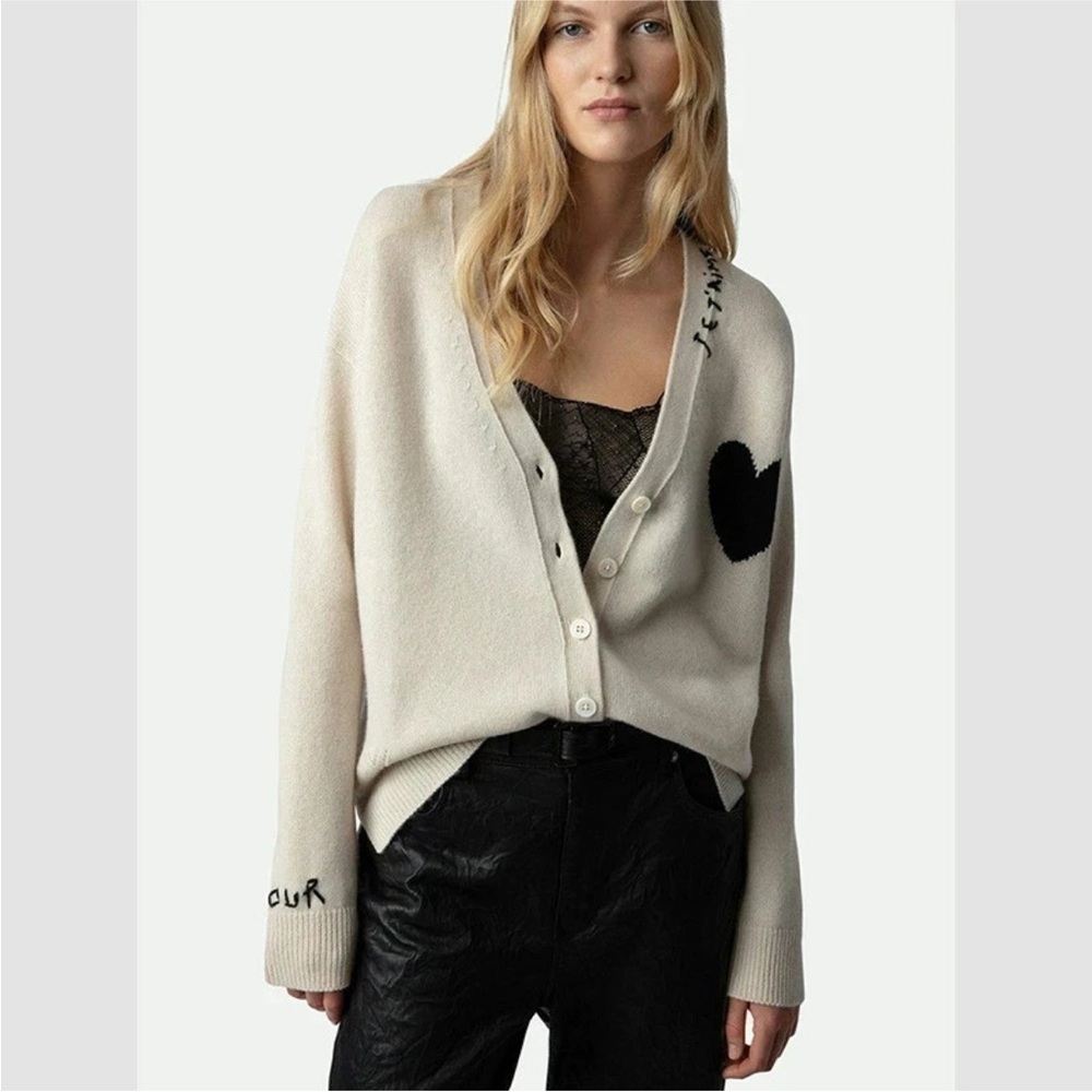 Women's cashmere Cream Cardigan Sweater with Black Accents.